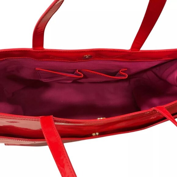 Tory Burch Ella Red Patent Leather Canvas Monogram Large Bag Tote Gold MINT - Picture 8 of 13